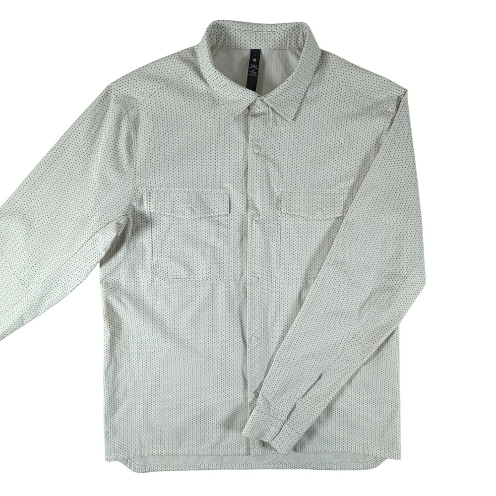Lululemon Mens Snap Front Long Sleeve Shirt Geometric Print Off White Large